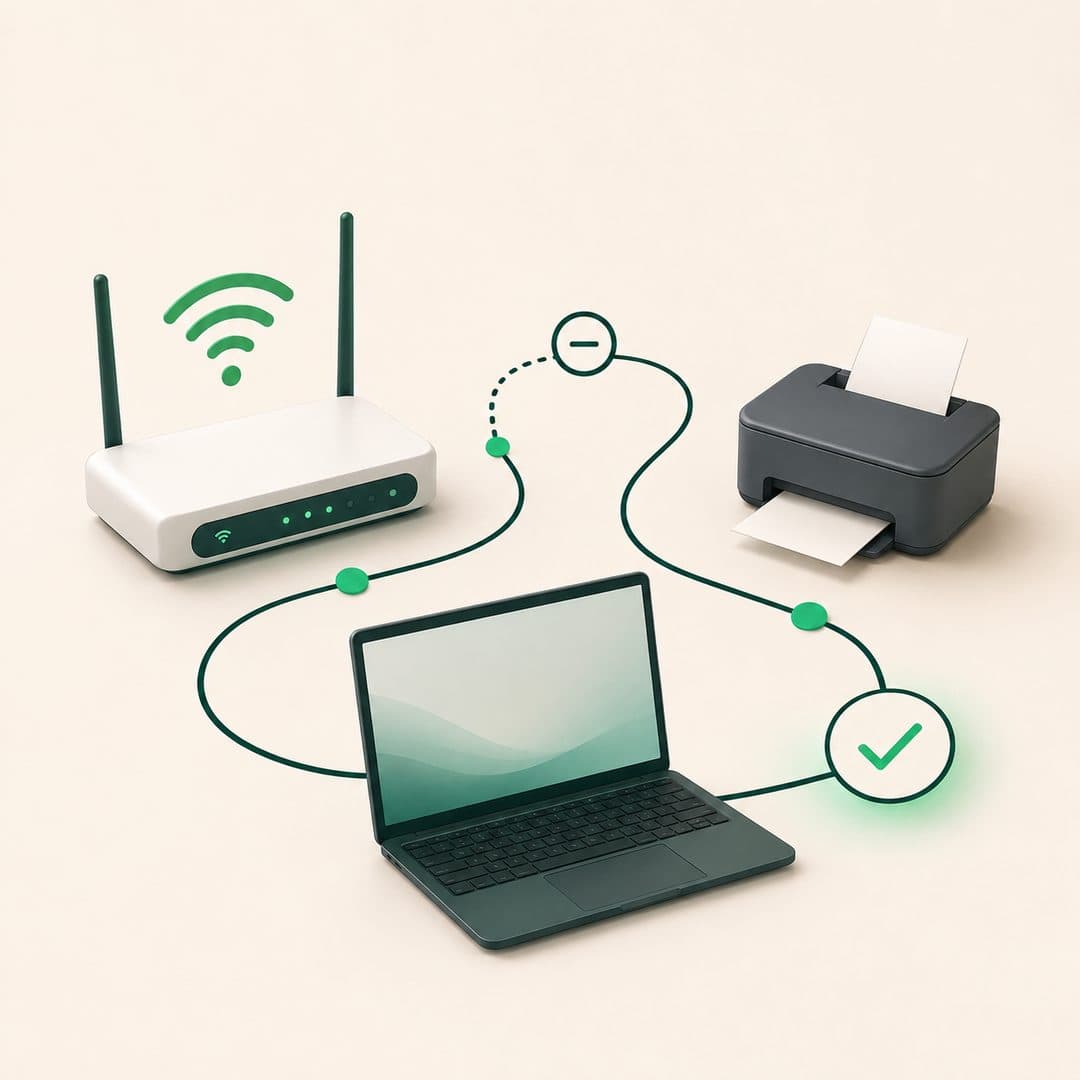 Ordinateur, imprimante et réseau Wi-Fi représentés ensemble